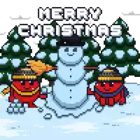 a pixel art christmas greeting card with a snowman and trees