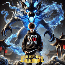 a man in a hoodie that says auto wp disini stands in front of a monster