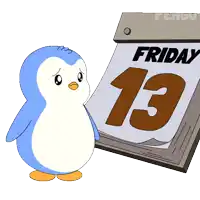 a cartoon penguin stands next to a calendar that says friday 13