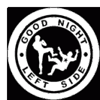 a black and white logo for good night left side with two people kicking each other