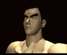 a close up of a man 's face in a video game in a dark room .