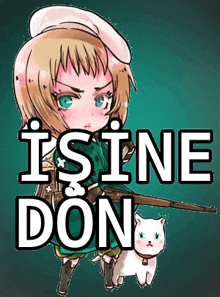 a picture of a girl with a gun and a cat with the words isine don below her