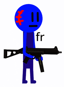 a blue stick figure holding a gun with the word fr on the bottom right