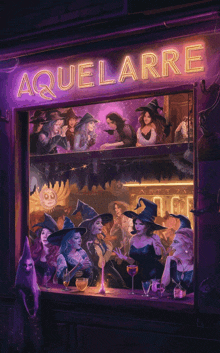 a group of witches are gathered under a neon sign that says " aquelarre "