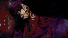 a purple and red painting of a man laying down with blood coming out of his neck