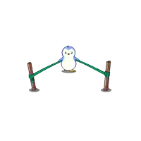 a blue and white penguin with a yellow beak smiles