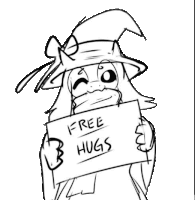 a black and white drawing of a witch holding a sign that says free hugs .