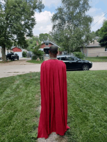 a man in a red cape is standing in a grassy field