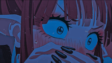 a cartoon of a girl with blue eyes covering her mouth