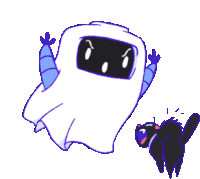 a cartoon drawing of a ghost and a black cat on a white background