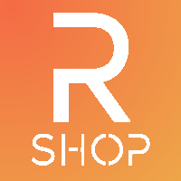 a logo for r shop with a white r on an orange background