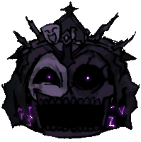 a drawing of a skull with purple eyes and a crown on it
