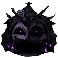 a drawing of a skull with purple eyes and a crown on it