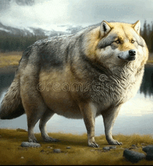 a painting of a wolf with mountains in the background and the words ' dreamstim ' at the bottom