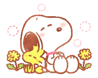 a cartoon drawing of snoopy and woodstock laying in a field of flowers