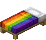 a bed with a rainbow colored blanket and a white pillow .