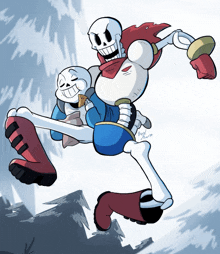 a cartoon drawing of papyrus carrying sans on his shoulders