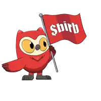 a red owl is holding a red flag that says sbirb