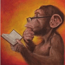 a painting of a monkey wearing glasses reading a book .