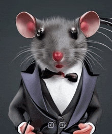 a mouse wearing a tuxedo and bow tie with a red nose