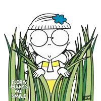 a cartoon of a girl peeking out of the grass with the words flora makes me smile below her