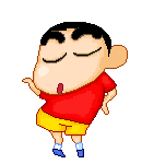 a pixel art of a cartoon character in a red shirt and yellow shorts