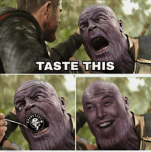 a picture of thanos with a spoon in his mouth and the words taste this