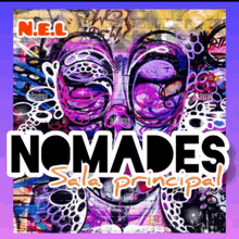 a poster for nomades sala principal with a colorful painting of a face