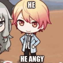 a cartoon character with the words he he angy written on it