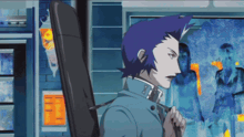 a man with blue hair is holding a black case