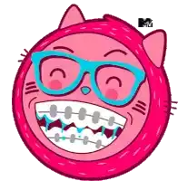 a cartoon cat wearing glasses and braces with a mtv logo in the background