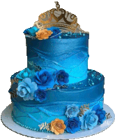 a blue cake with a gold crown on top