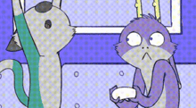 a cartoon of a cat and a monkey looking at something