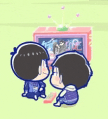 two cartoon characters are sitting in front of a television watching a movie .