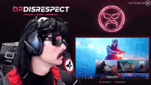 a man wearing headphones and sunglasses is playing a video game sponsored by drdisrespect