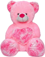 a pink teddy bear with a heart on its feet