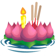 a cartoon drawing of a candle surrounded by pink flowers and incense sticks