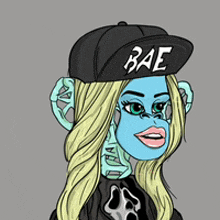 a cartoon drawing of a woman wearing a hat that says bae