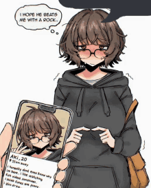 a drawing of a girl with short hair and glasses holding a phone that says aki on it