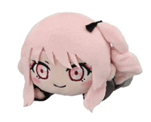 a stuffed animal with pink hair and red eyes is laying down on a white surface .