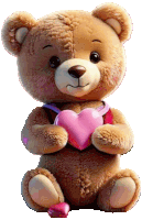 a brown teddy bear is holding a pink heart in its paws