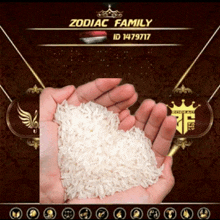 a person is holding a pile of rice in front of a zodiac family logo