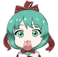 a cartoon girl with green hair and a red bow on her head sticking her tongue out