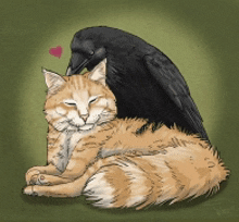 a drawing of a cat and a bird with a heart in the middle