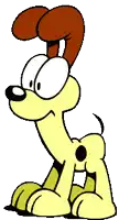 a cartoon dog with a brown ear and tail