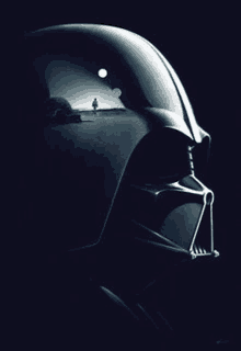 a close up of a darth vader helmet with a man in the background .