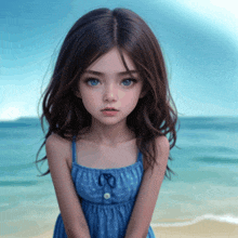 a little girl with blue eyes and a blue dress