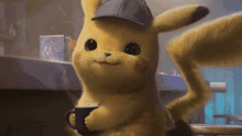 a close up of a pikachu holding a cup of coffee in a cafe .