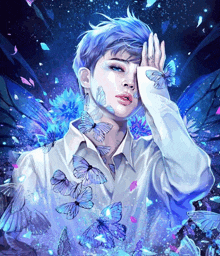 a painting of a boy with blue hair surrounded by butterflies