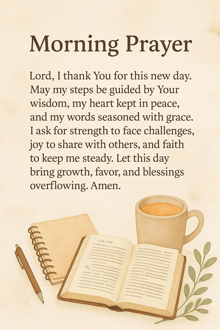 a morning prayer is displayed with a bible and a cup of coffee